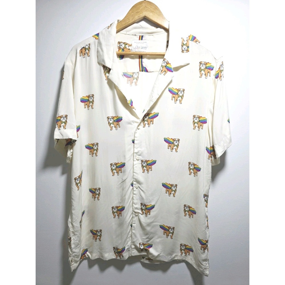 Denim & Flower Ricky Singh Men's Ivory Dog Rainbow Button-Up Shirt Size XL